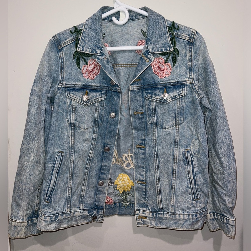 Flower threaded jean jacket. Colors Vibrant would look great with skirt!